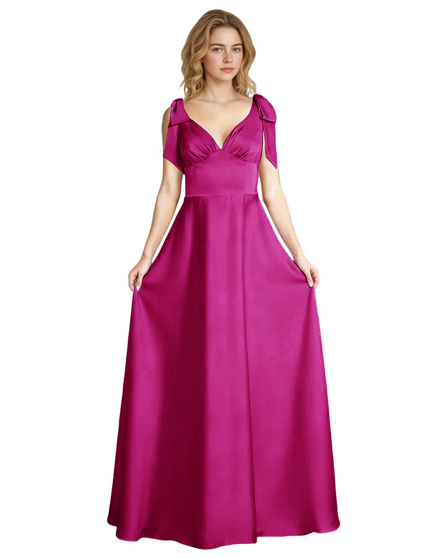 V-Neck Bow Strap Satin Bridesmaid Dress with Empire Waist