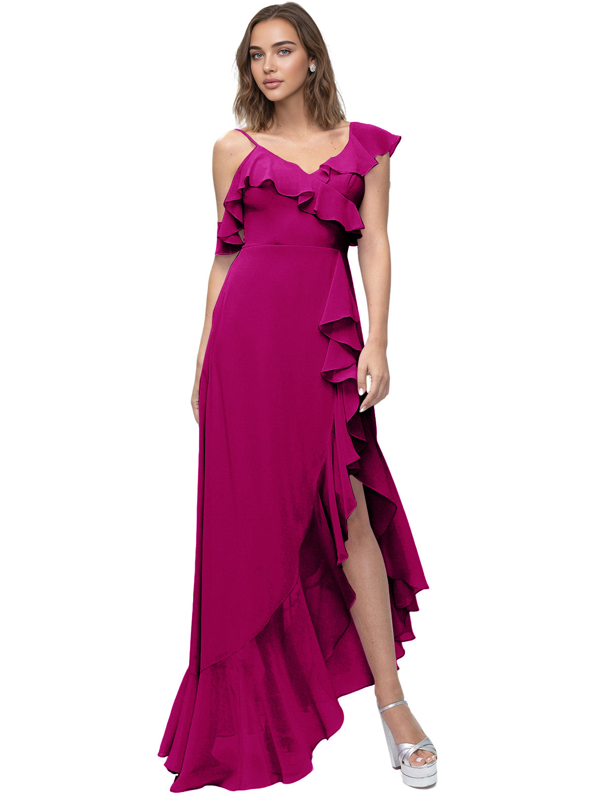 Asymmetrical Ruffle Chiffon Bridesmaid Dress with High Low Slit