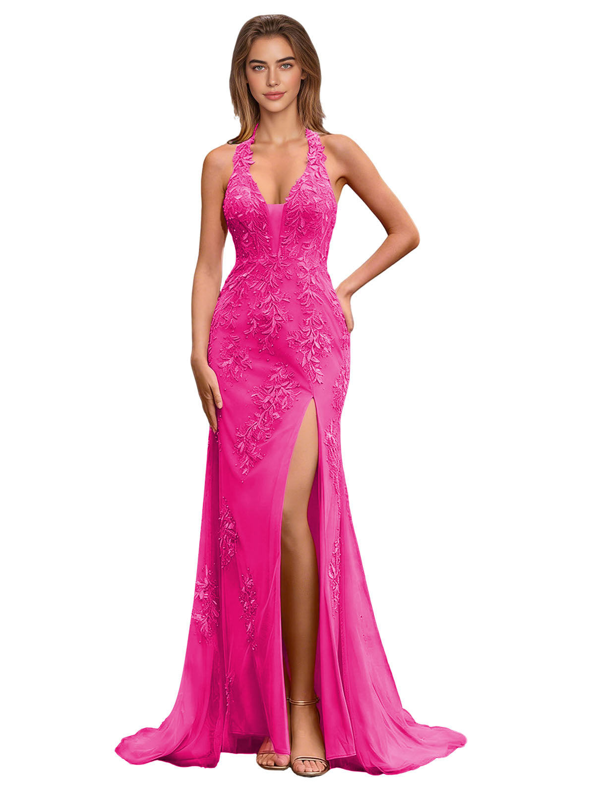 Halter Lace Mermaid Prom Dress with Applique Bodice and Thigh Slit