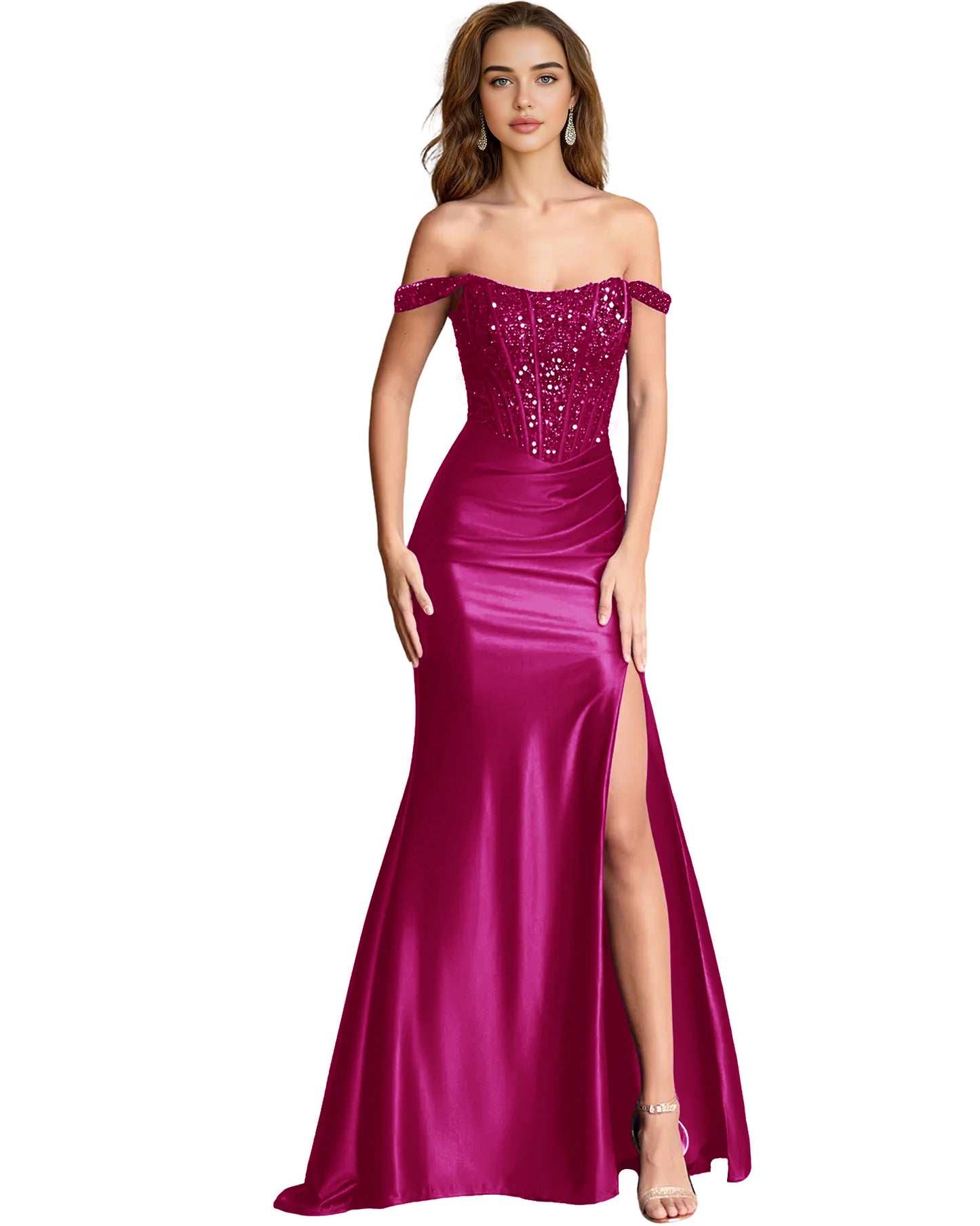 Off Shoulder Sequin Satin Mermaid Dress with Draped dress Slit