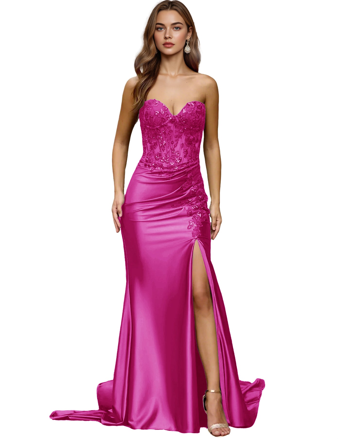 Strapless Emerald Satin Mermaid Prom Dress with Beaded Bodice and Slit