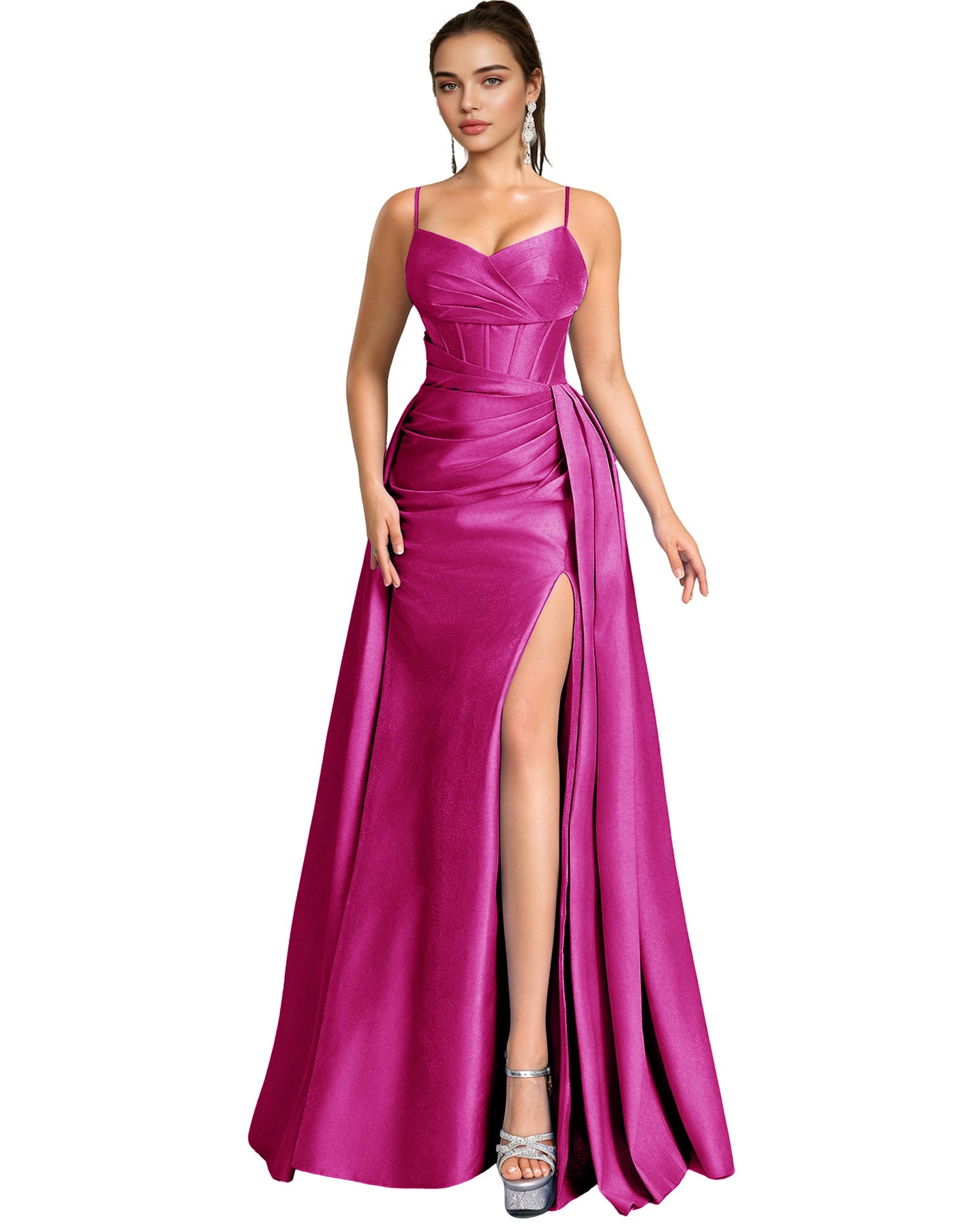 One Shoulder Satin A-Line Prom Dress with Wrap Bodice and Side Slit