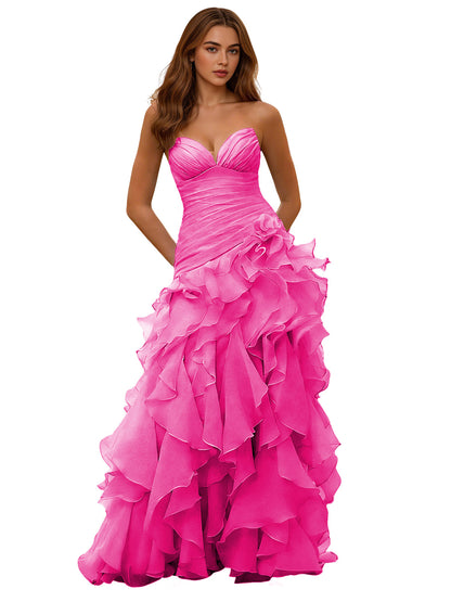 Strapless Organza Ruffle Ball Gown Prom Dress with Draped Corset Bodice