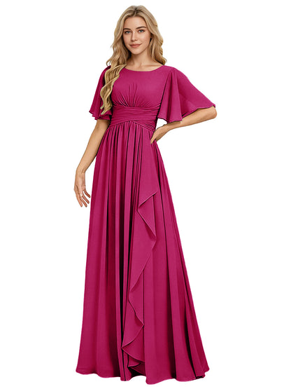 Flutter Sleeve Chiffon Bridesmaid Dress with Tiered Front Ruffle
