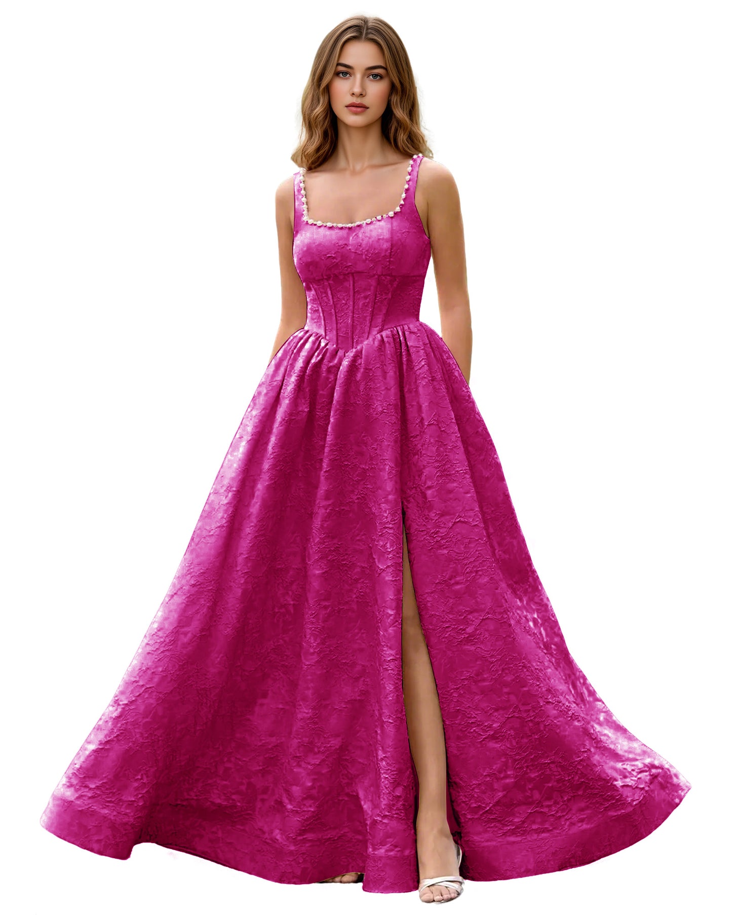 Square Neck Jacquard Ball Gown Prom Dress with Wide Straps and Pockets