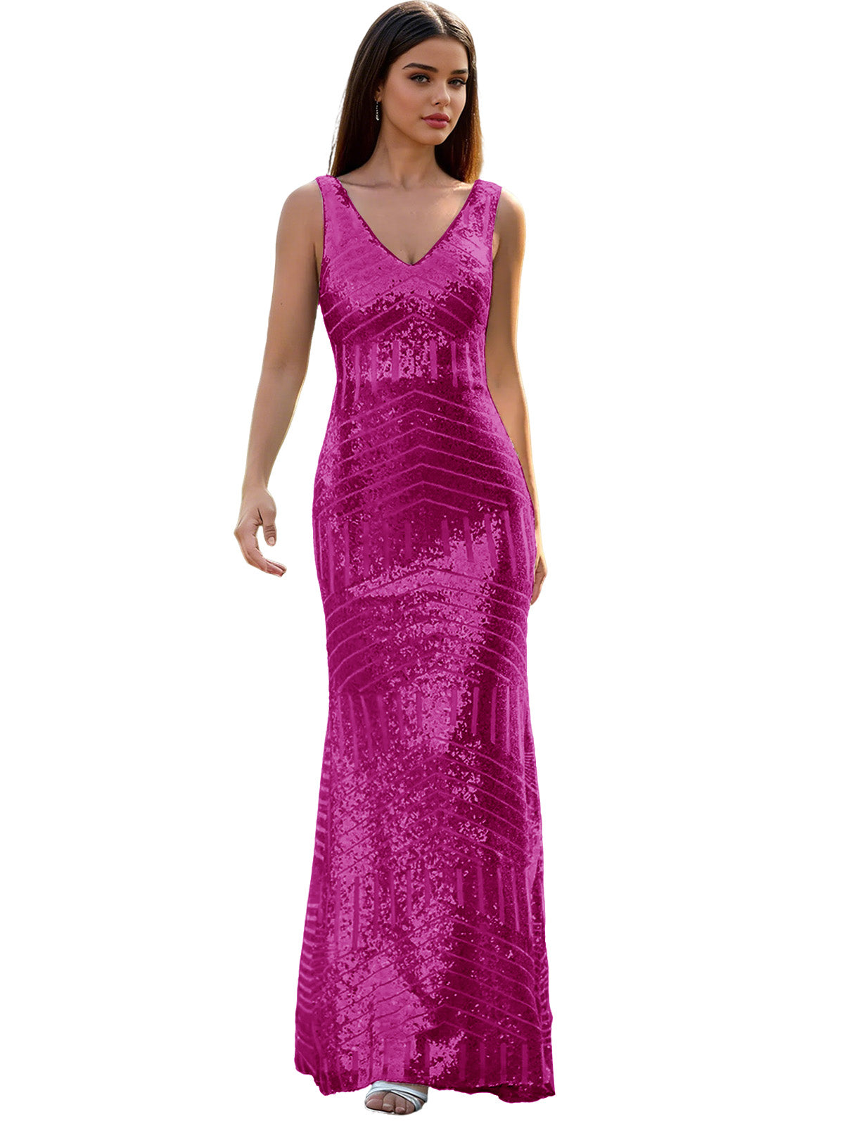 V-Neck Sequin Column Prom Dress with Beaded Waist and Low Back