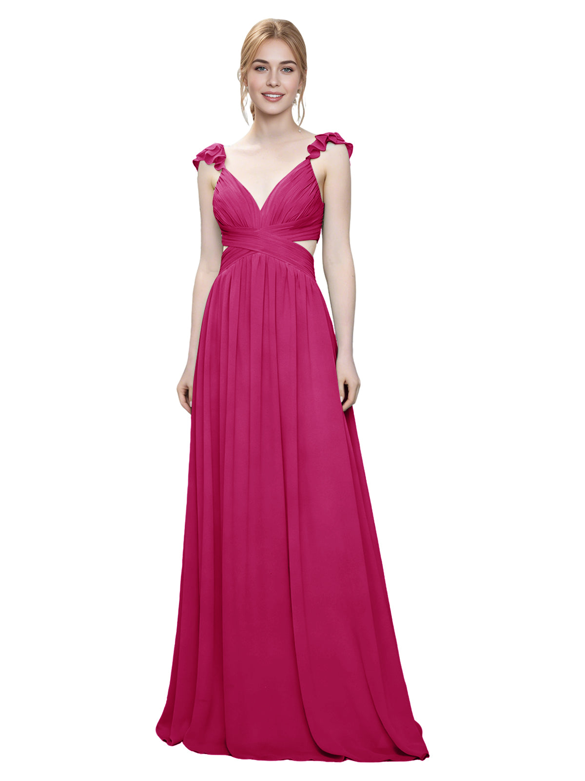 Ruffle Strap V-Neck Tulle Bridesmaid Dress with Pleated Waist