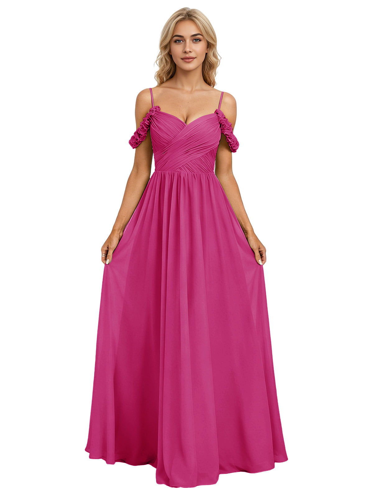 Off Shoulder Lace Applique Bridesmaid Dress with Flowing Chiffon dress