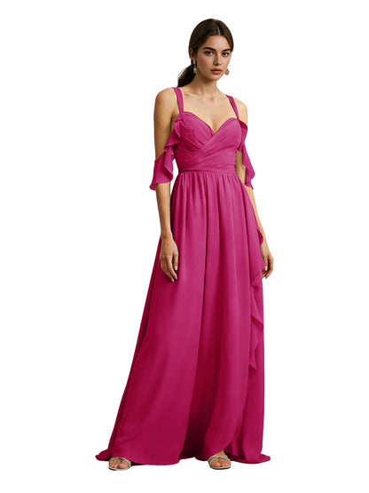 Cold Shoulder Chiffon Bridesmaid Dress with Draped V-Neck Bodice
