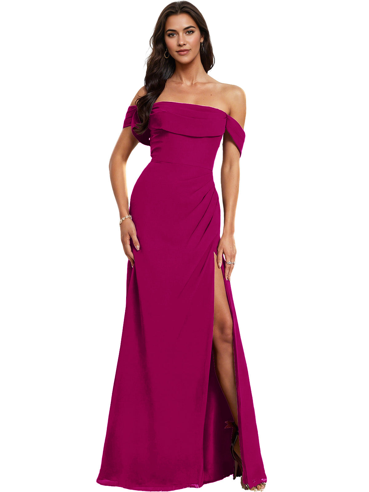 Off Shoulder Crepe Bridesmaid Dress with Foldover Neckline and Slit