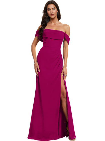 Off Shoulder Crepe Bridesmaid Dress with Foldover Neckline and Slit