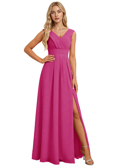 Surplice V-Neck Chiffon Bridesmaid Dress with A-Line Slit dress