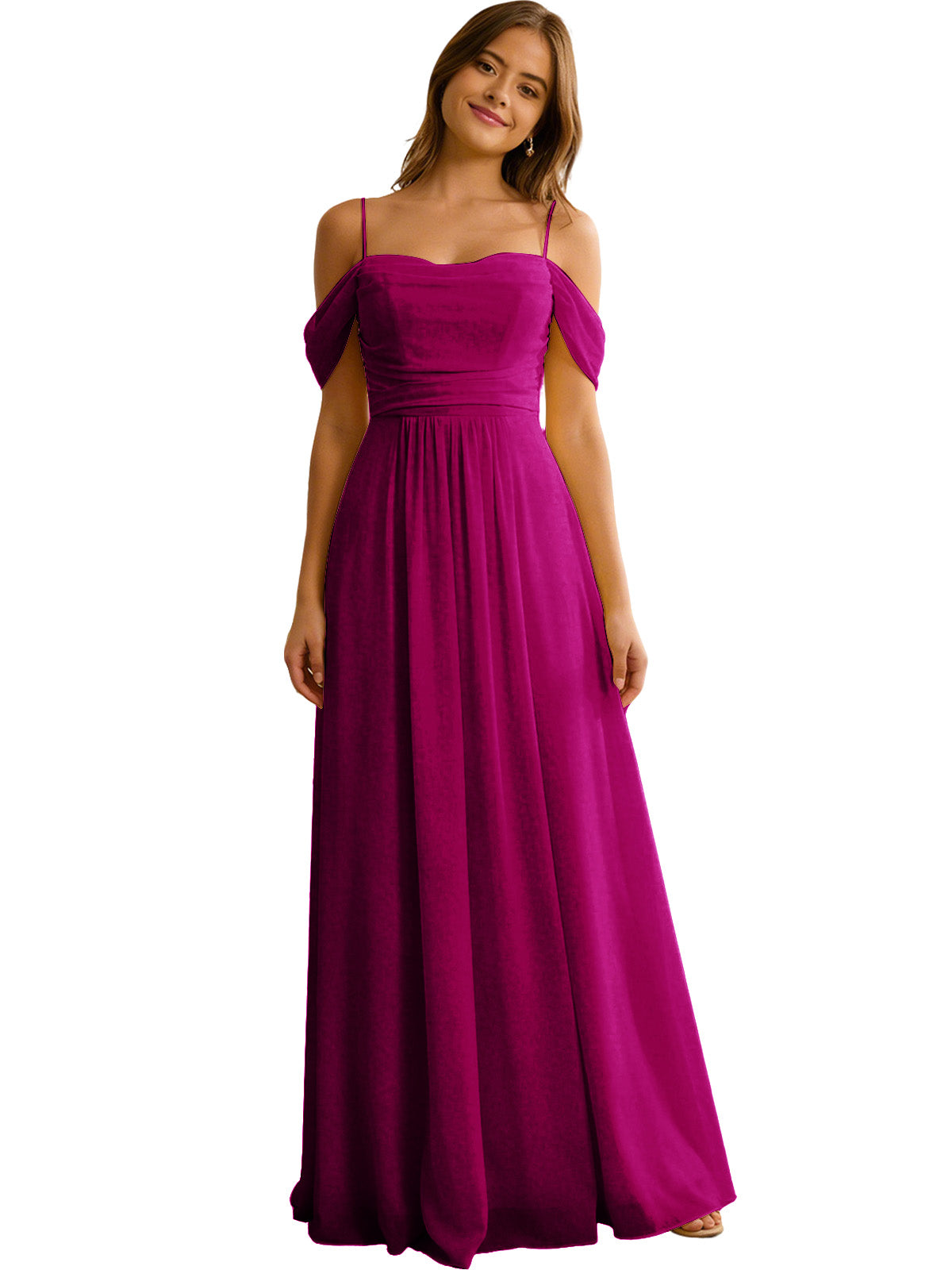 Off Shoulder Chiffon Bridesmaid Dress with Soft Pleated Bodice