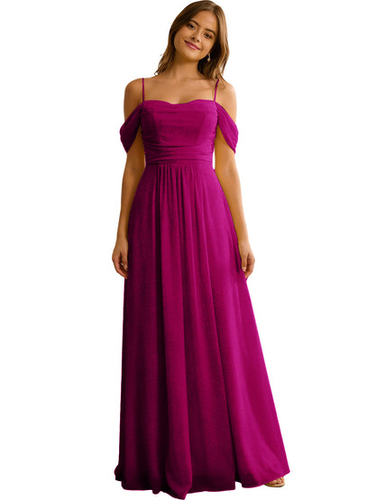 Off Shoulder Chiffon Bridesmaid Dress with Soft Pleated Bodice