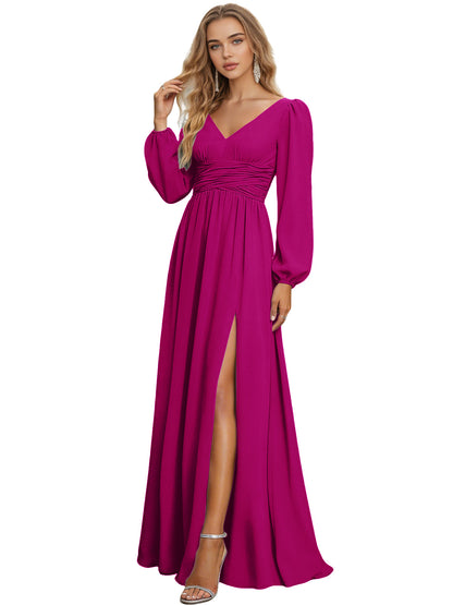 Long Sleeve V-Neck Chiffon Bridesmaid Dress with Front Slit