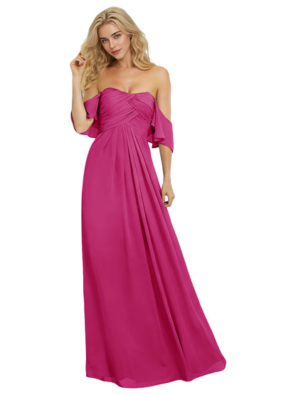 Off Shoulder Chiffon Bridesmaid Dress with Bow Sleeve Detail