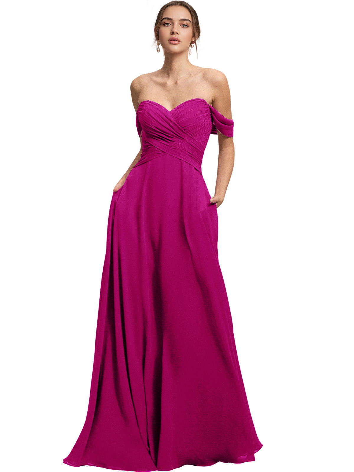 Off Shoulder Chiffon Bridesmaid Dress with Draped Bodice and A-Line Dress