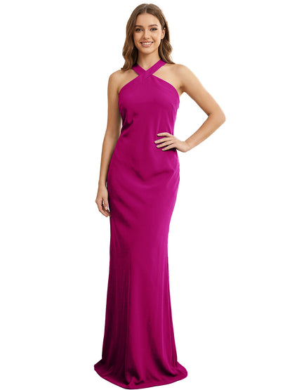 High Neck Halter Bridesmaid Dress with Sleek Column Silhouette