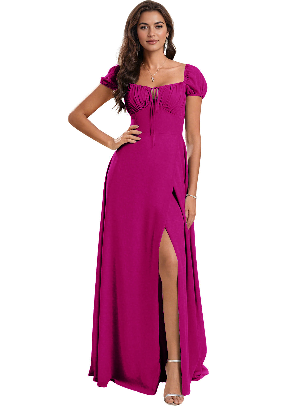 Ruched Short Sleeve Chiffon Bridesmaid Dress with Side Slit