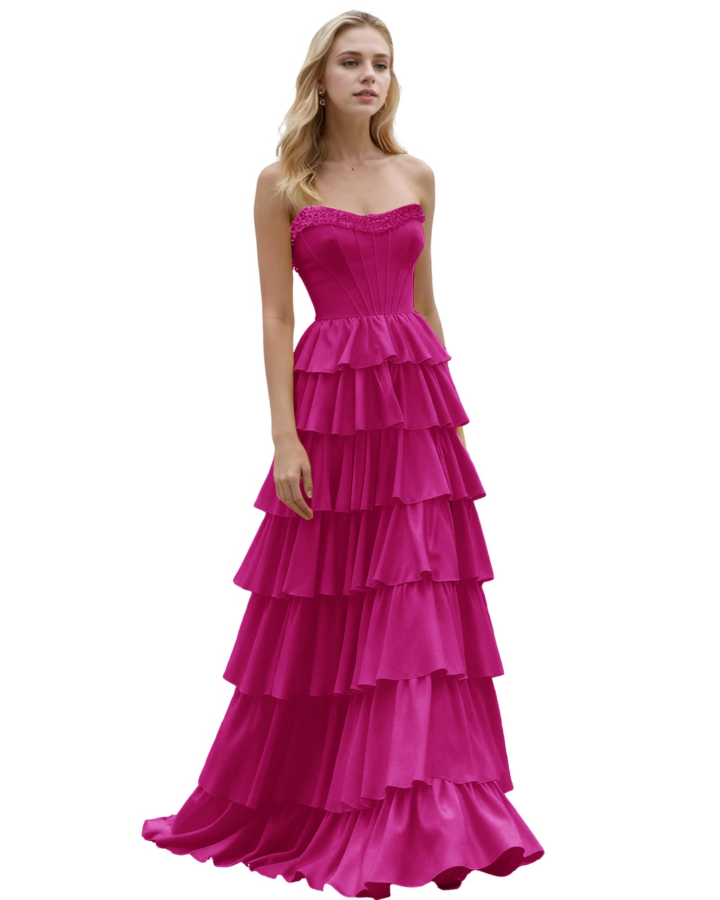 Strapless Tiered Ruffle A-Line Prom Dress with Corset Bodice