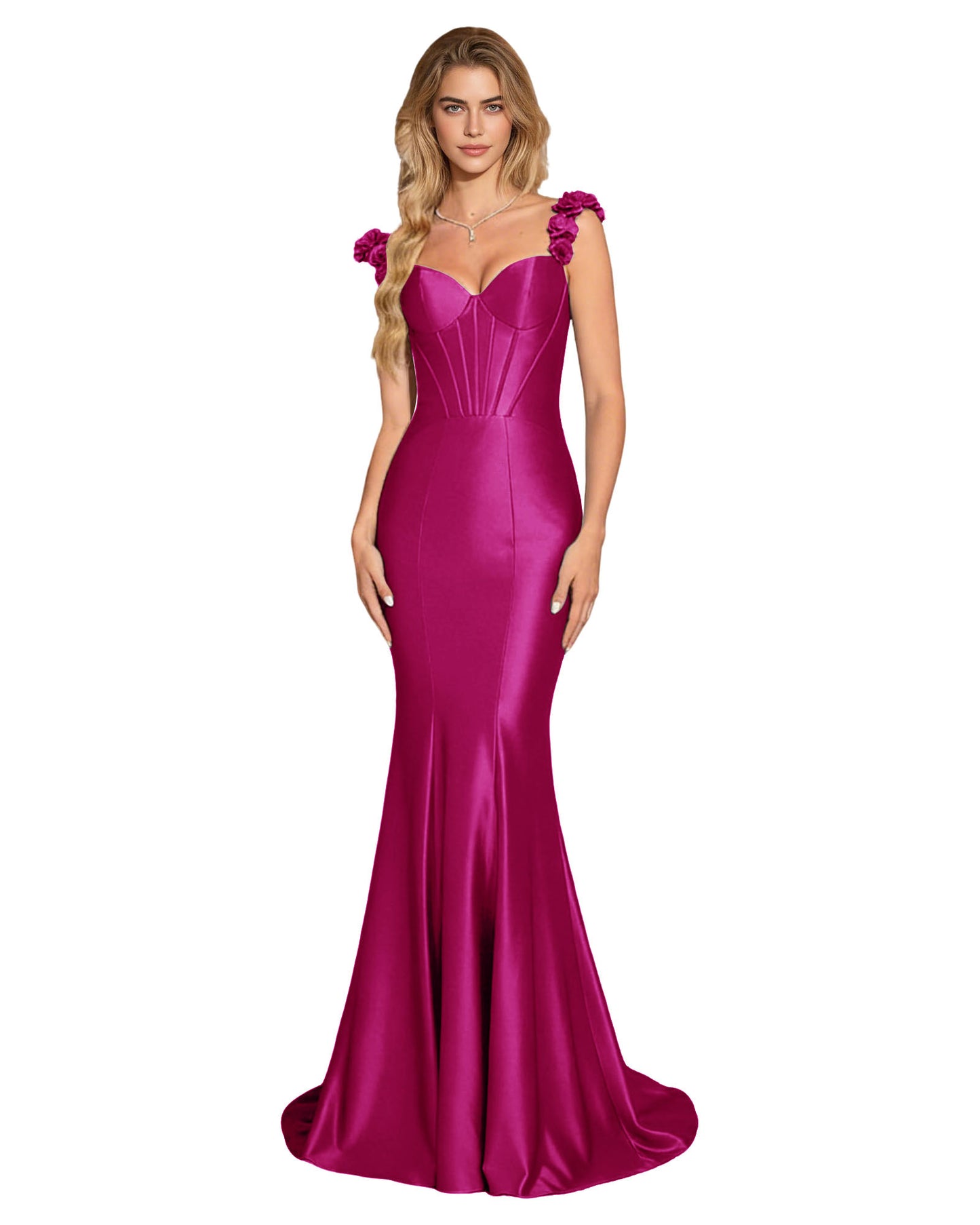 Floral Strap Satin Mermaid Prom Dress with Corset Bodice and Sweep Train