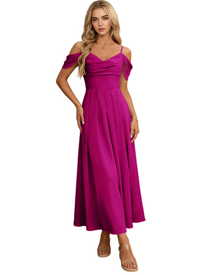 Off Shoulder Midi Bridesmaid Dress with Pleated Bodice and Flowing dress