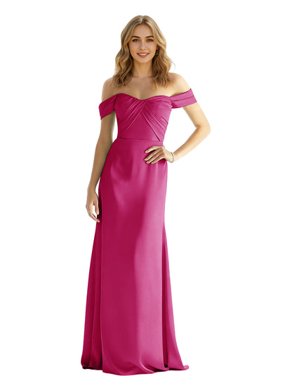 Sweetheart Off Shoulder Satin Bridesmaid Dress with Wrapped Bodice