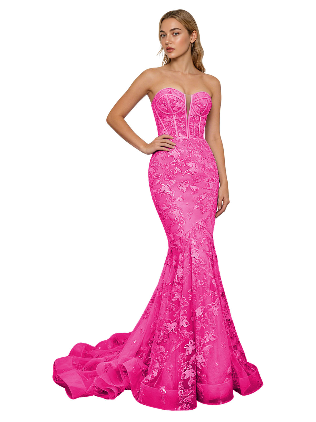 Strapless Lavender Lace Mermaid Prom Dress with Sheer Corset and Train