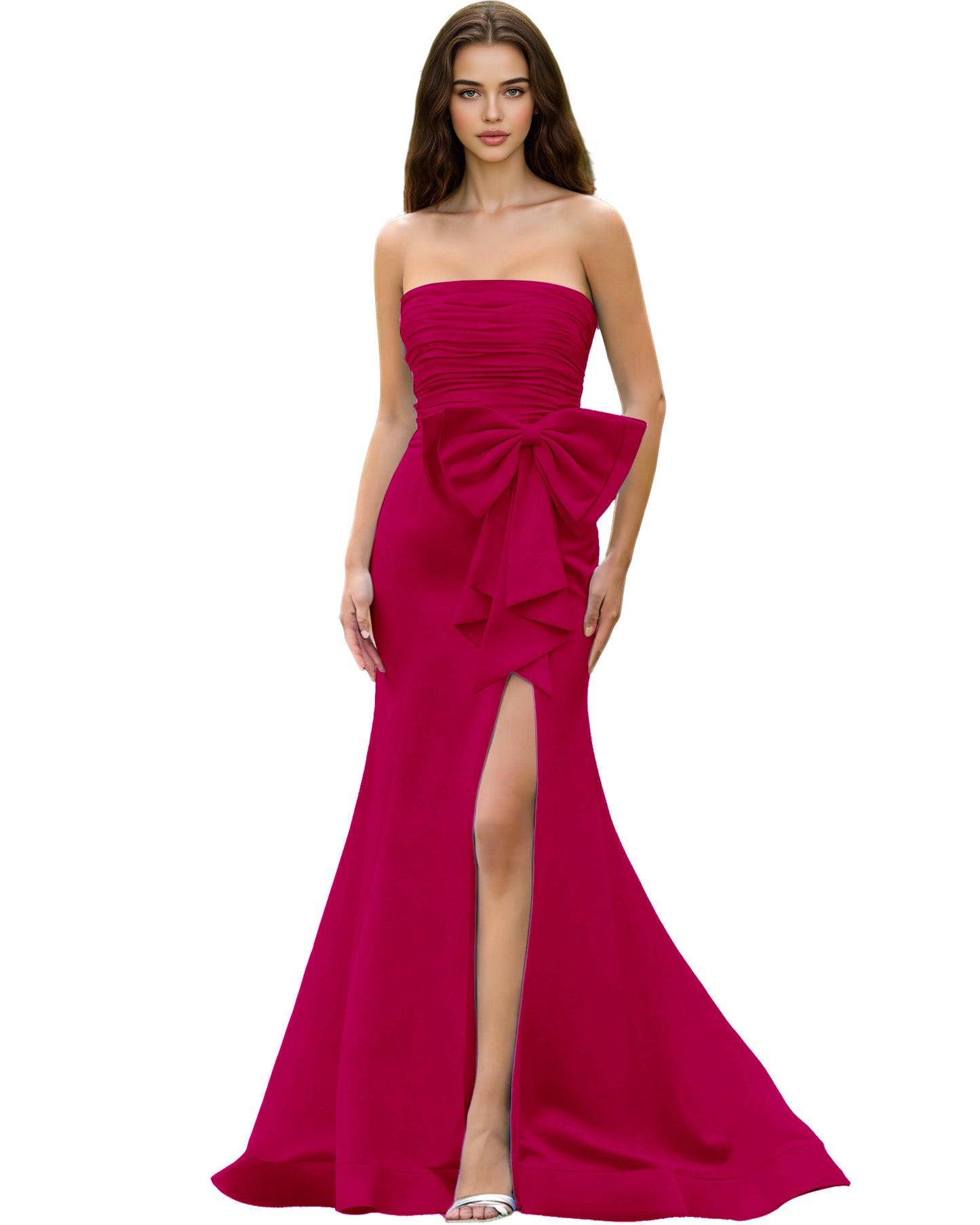 Strapless Bow Detail Satin Prom Dress with Ruched Bodice and Slit