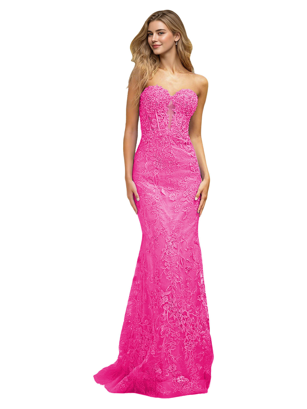 Strapless Floral Lace Mermaid Prom Dress with Sparkle Applique and Train