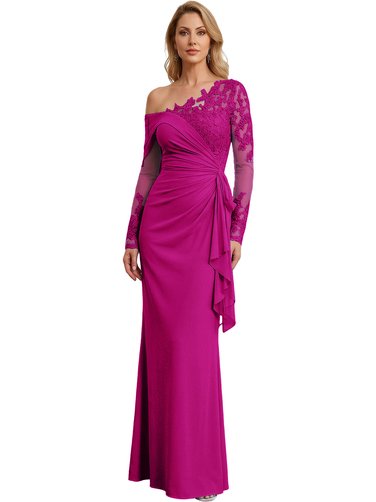 One Shoulder Mother of the Bride Gown Long Lace Sleeve Mermaid Dress with Draped Ruffle