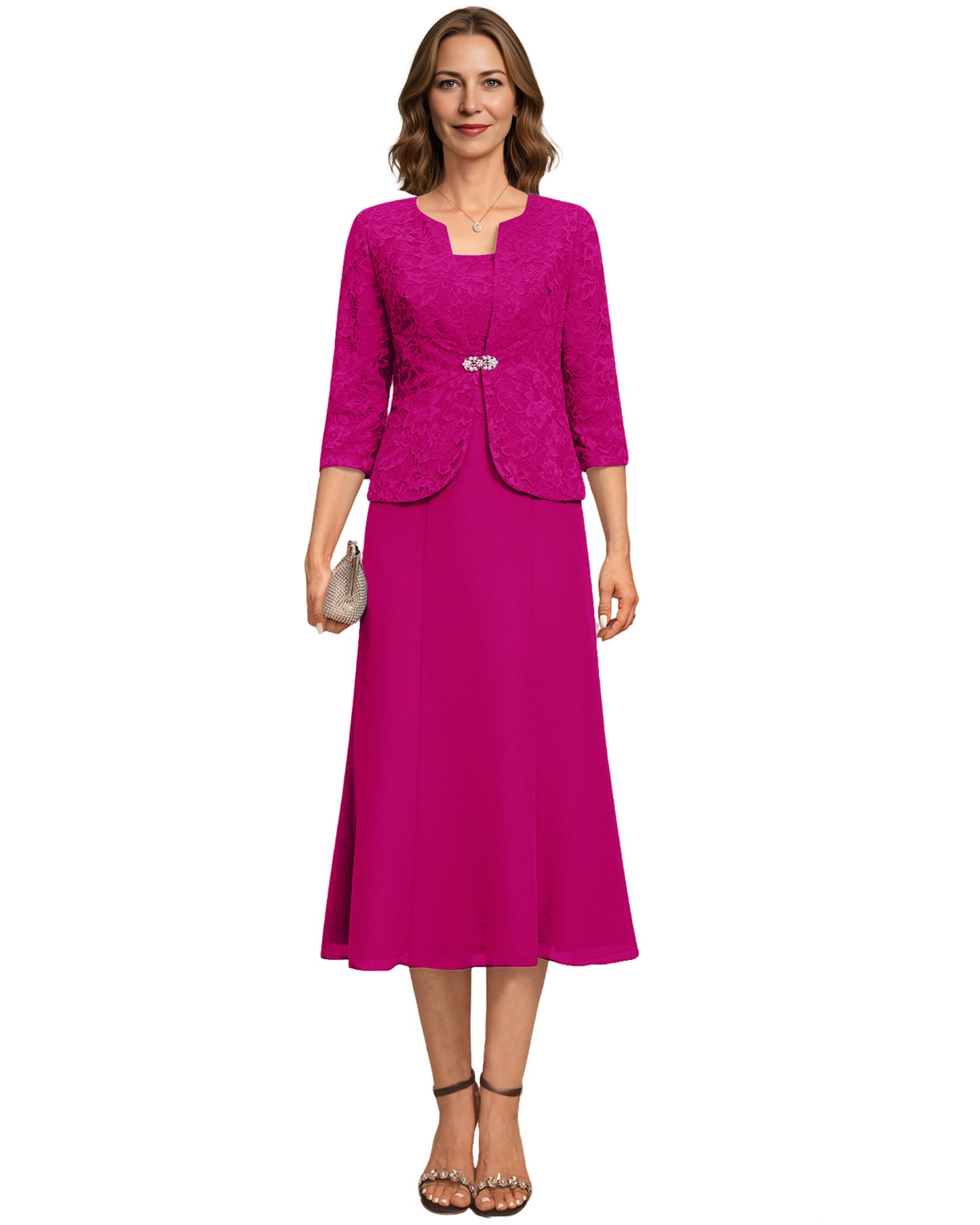 Tea Length Mother of the Bride Dress Lace Jacket Chiffon A-Line Wedding Guest Outfit