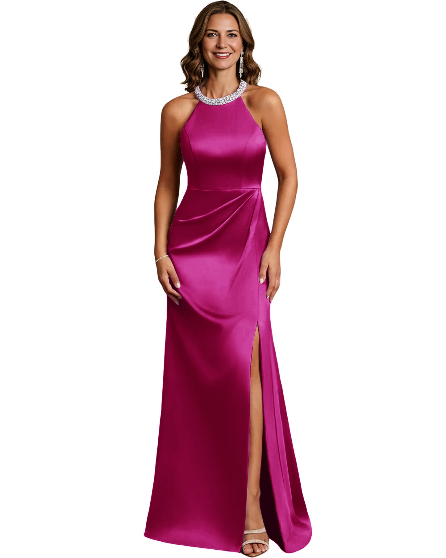 Halter Neck Mother of the Bride Dress Satin Mermaid Gown with Beaded Collar and Slit