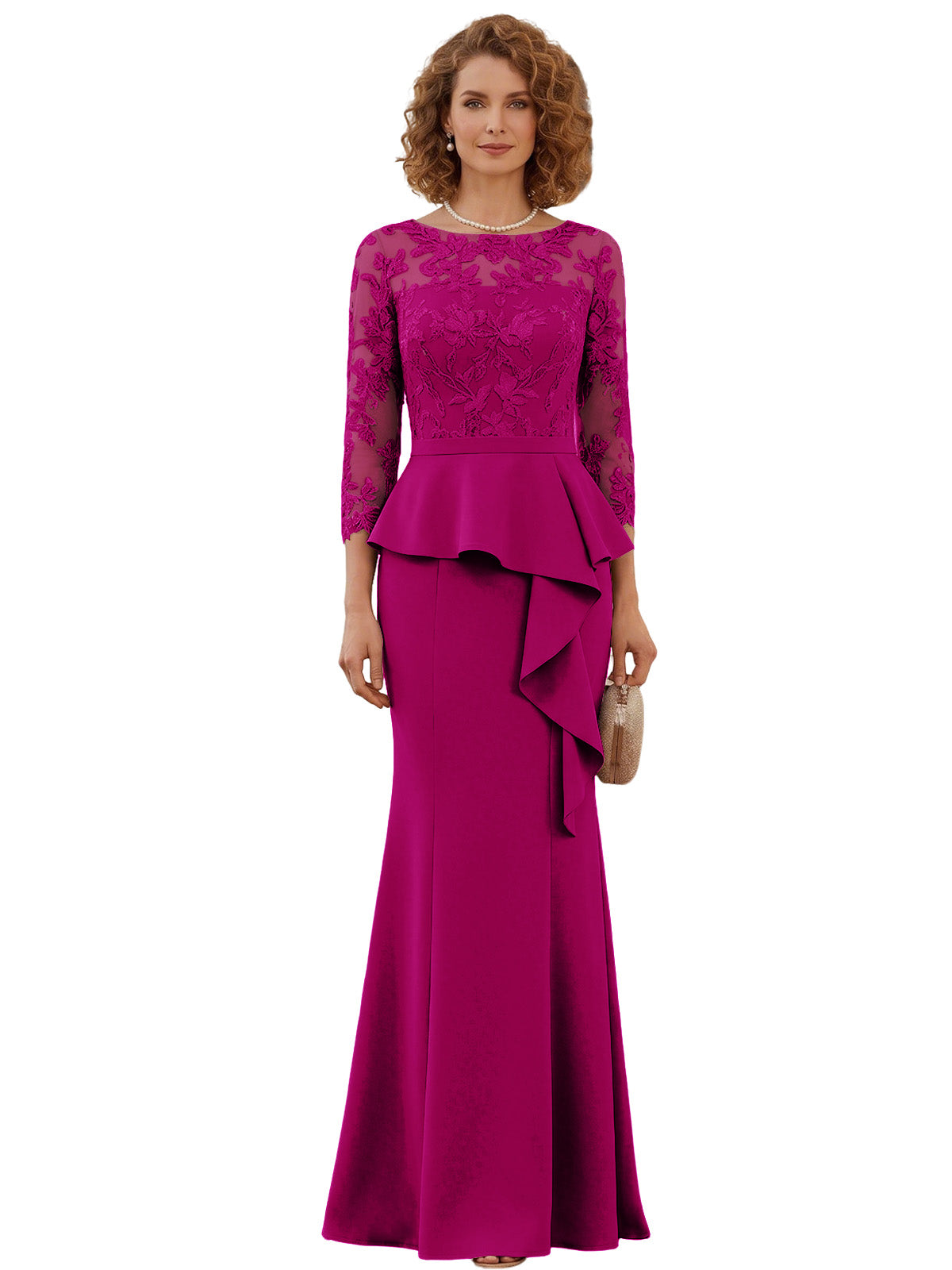 Long Mother of the Bride Dress Lace Illusion Bodice Peplum Mermaid Formal Evening Gown