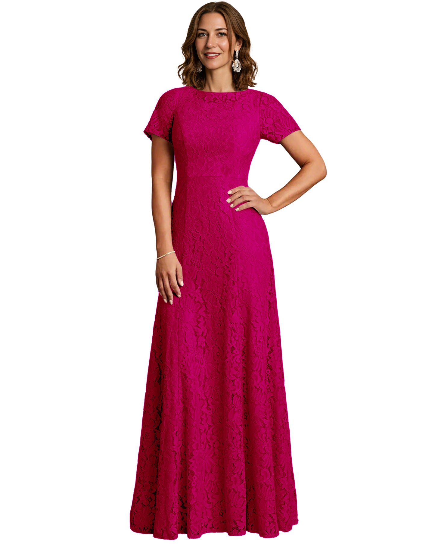 Long Lace Mother of the Bride Dress Short Sleeve Mermaid Gown with Crew Neckline