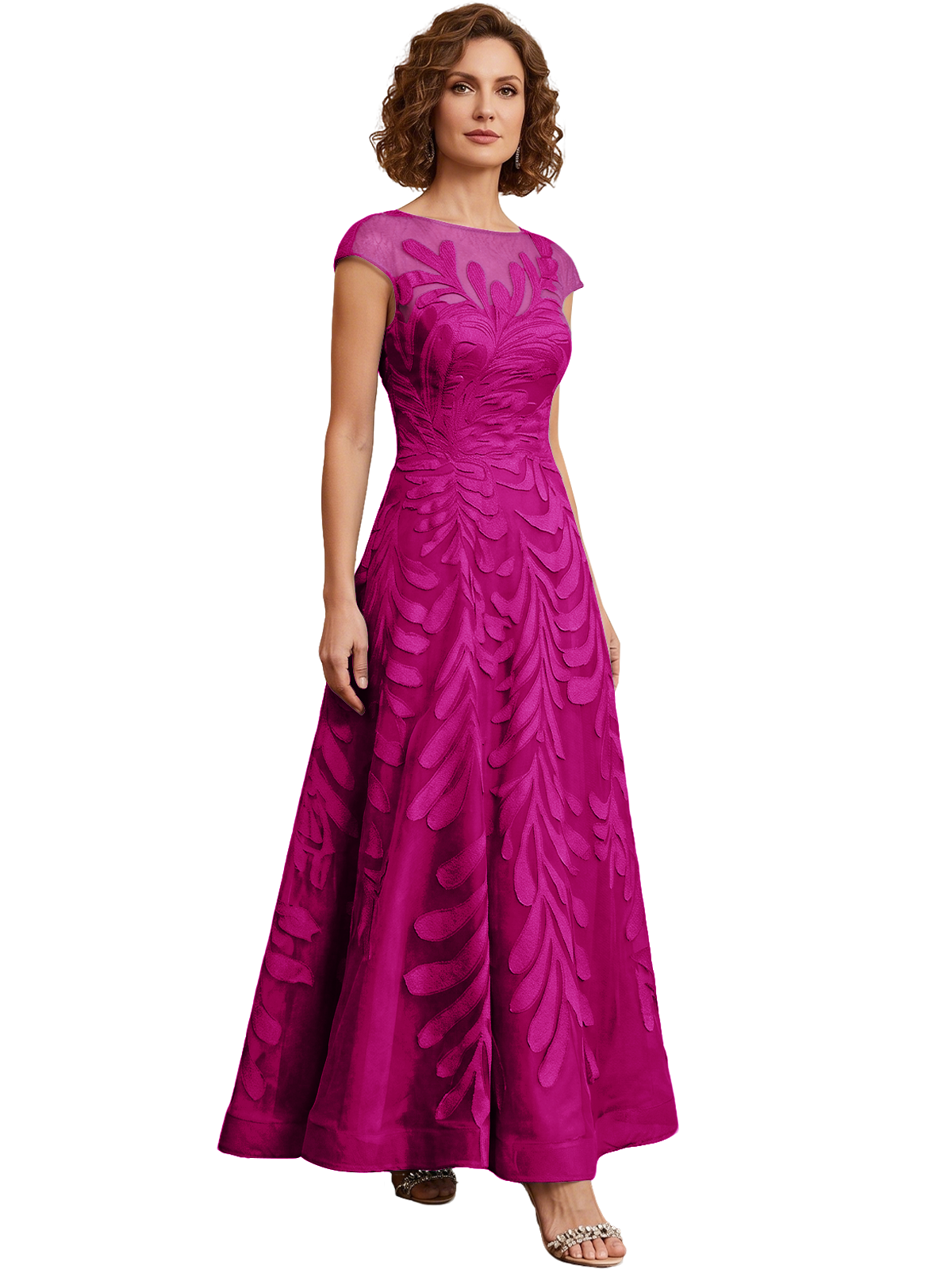 Embroidered Tulle Mother of the Bride Dress Long A-Line Gown with Illusion Cap Sleeves