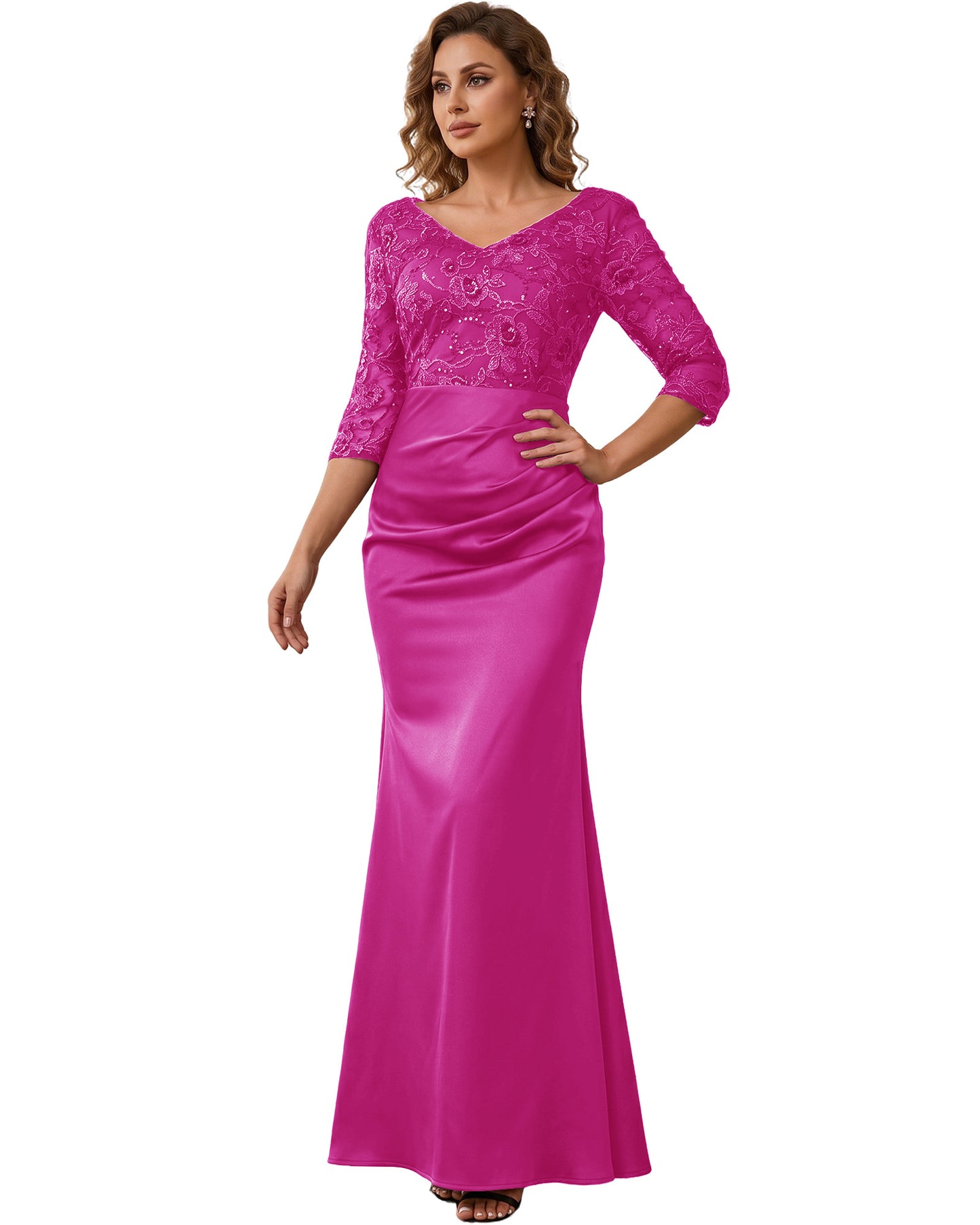 Mother of the Bride Dress Long Lace Mermaid Formal Gown with 3/4 Sleeves