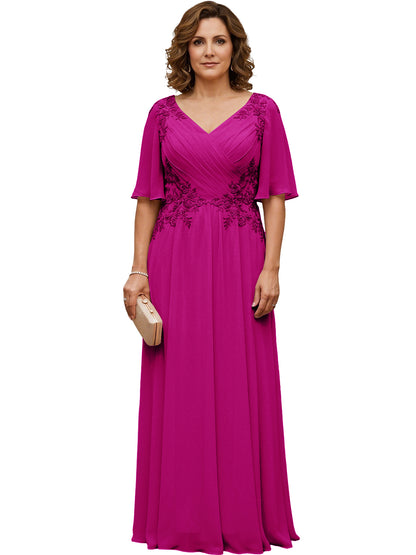 Mother of the Bride Dress Long Chiffon A-Line Gown with Flutter Sleeves and Beaded Lace