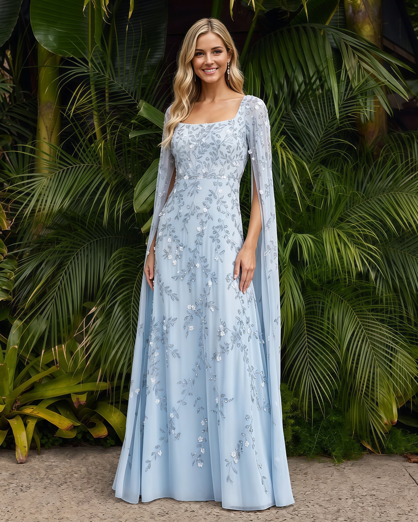 Square-Neck Long-Sleeve Lace A-Line Formal Dress