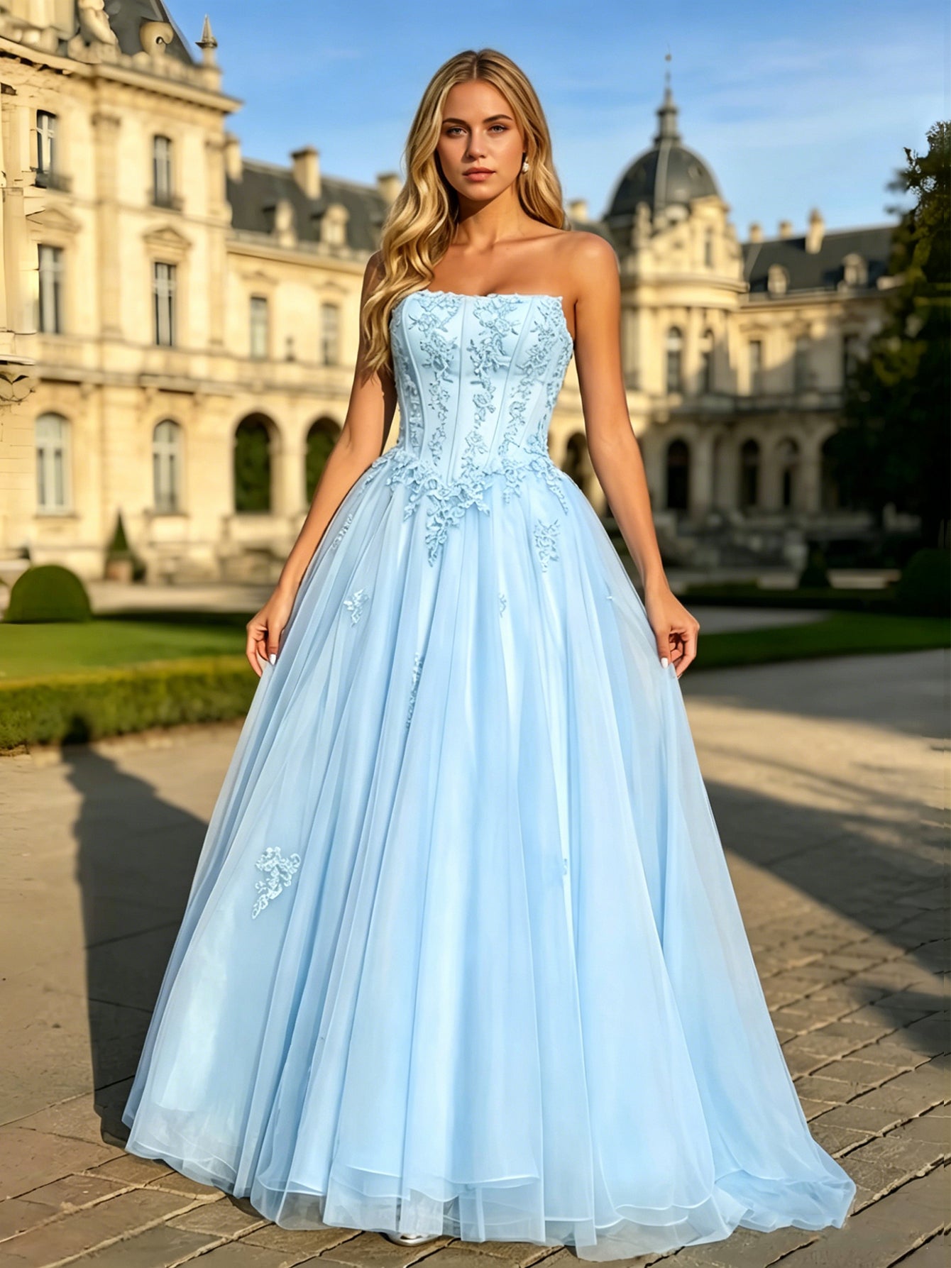 Strapless Lace Corset Ball Gown with Tulle A-Line Skirt