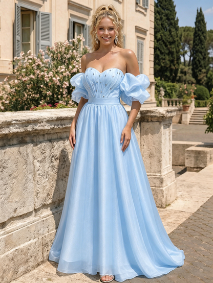 Off The Shoulder Sweetheart A-Line Prom Dress with Puff Sleeves