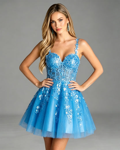 Floral Applique Glitter Tulle Corset Homecoming Dress
