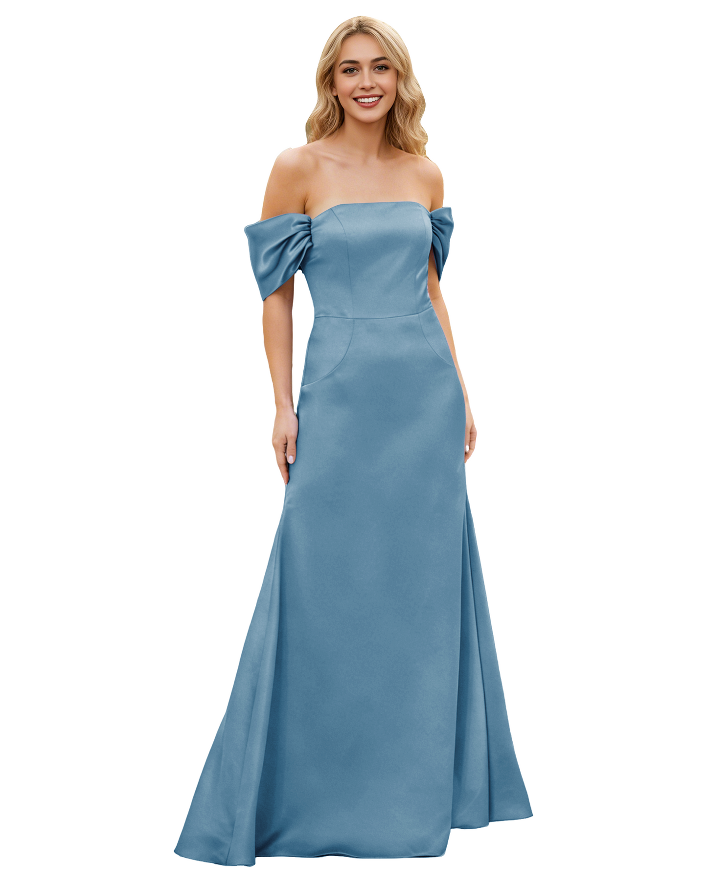 Off Shoulder Satin Bridesmaid Dress with Foldover Neckline and Trumpet Dress