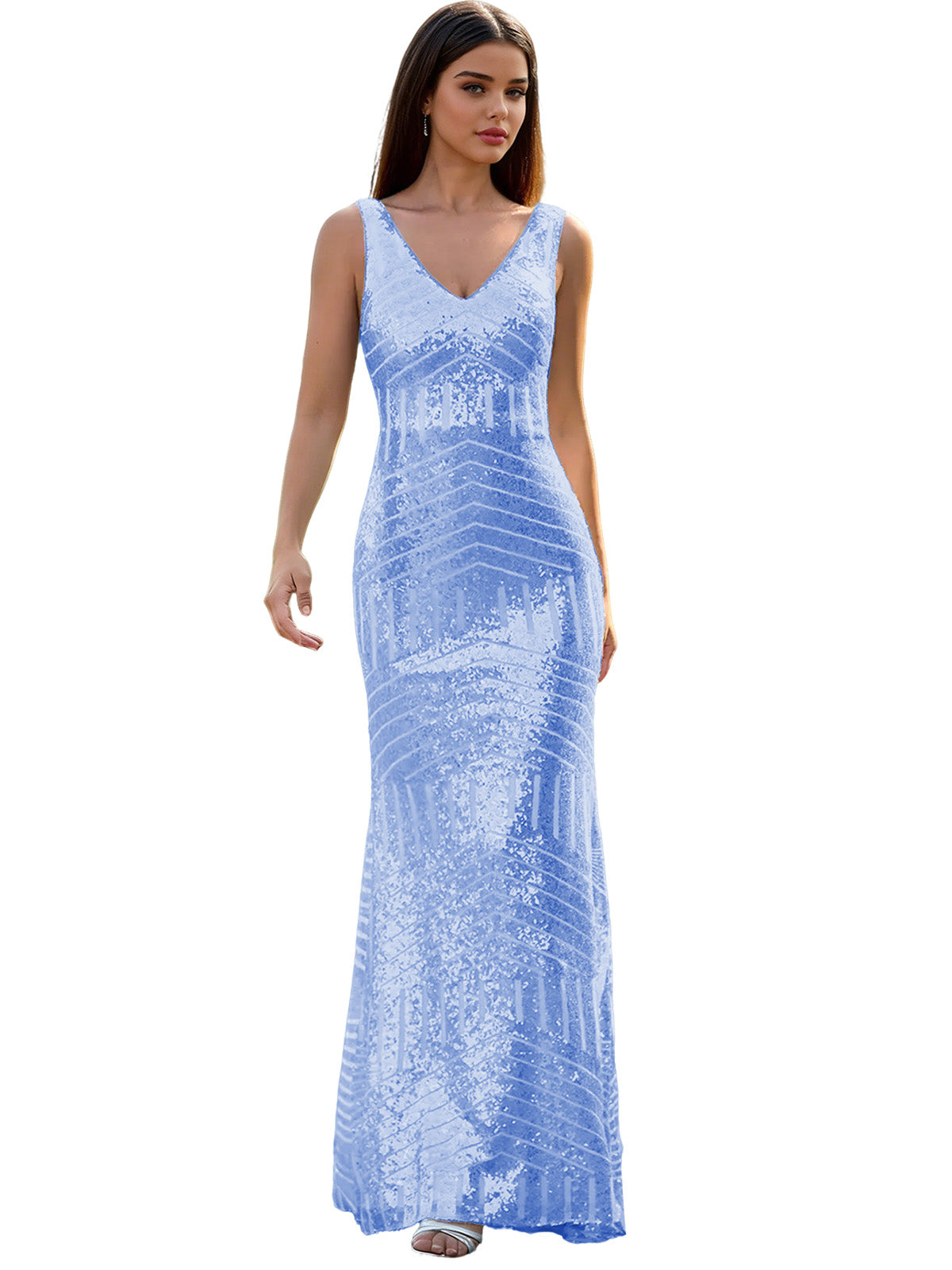 V-Neck Sequin Column Prom Dress with Beaded Waist and Low Back