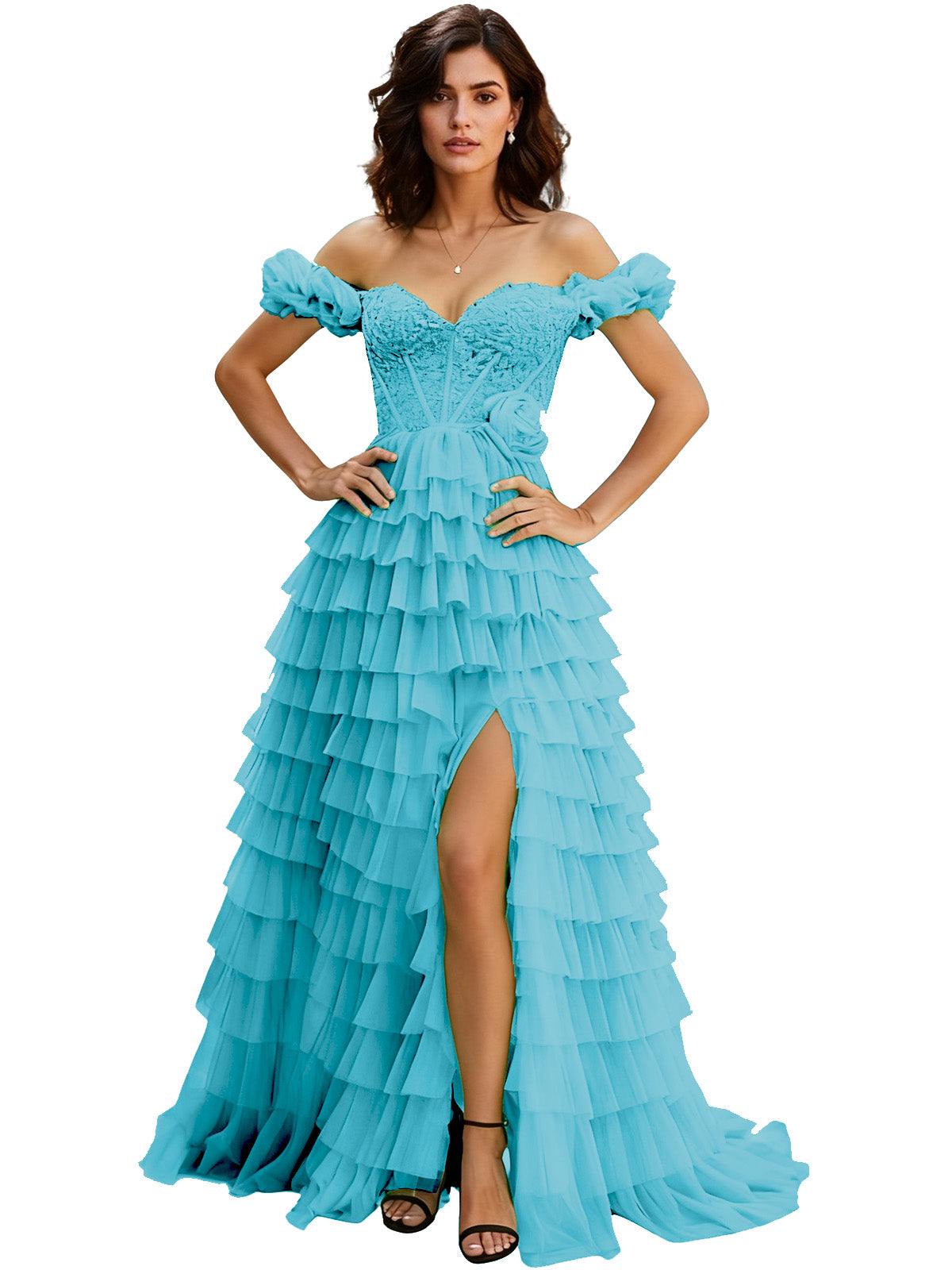 Off Shoulder Tulle Ball Gown Prom Dress with Ruffle Sleeves and Slit