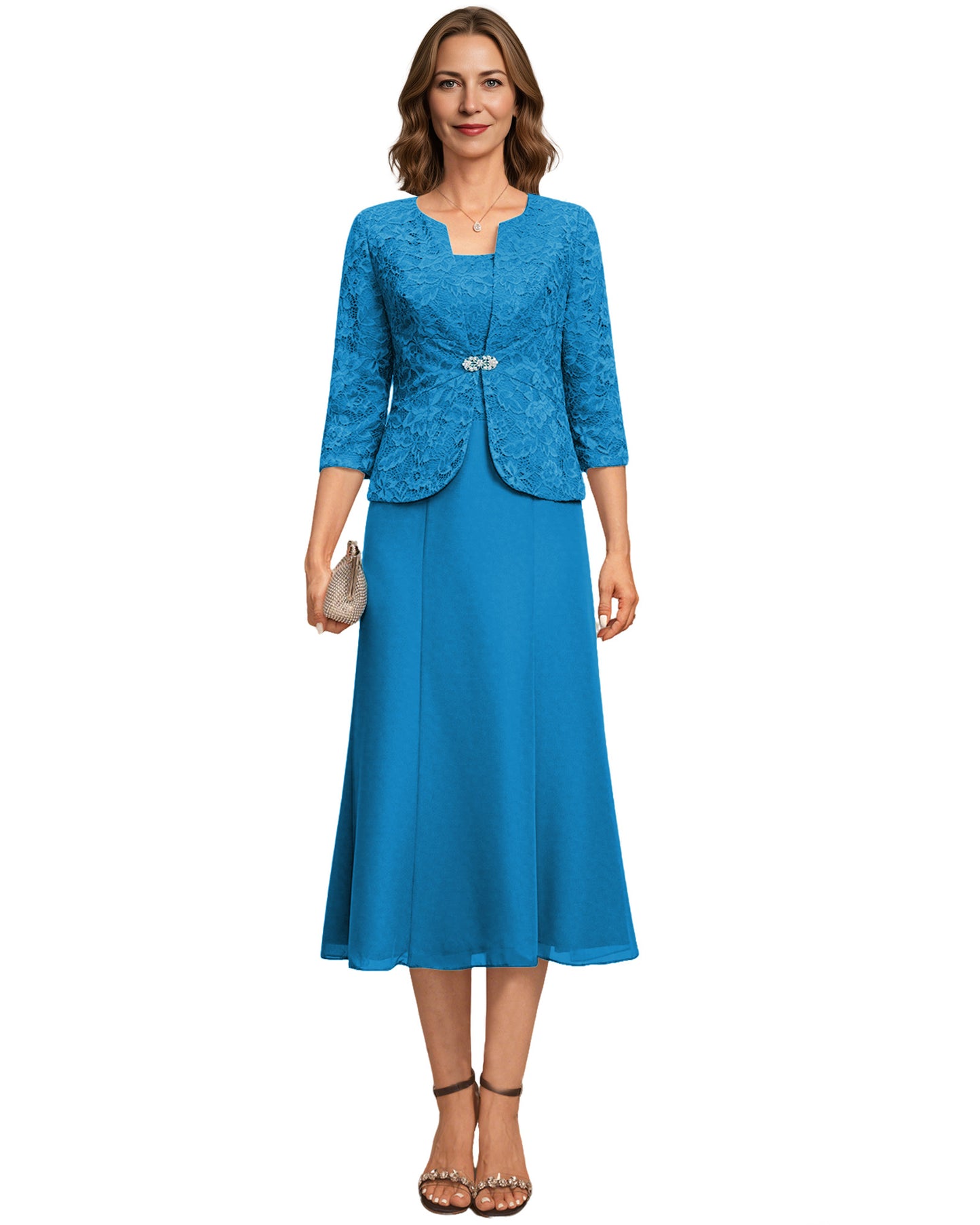 Tea Length Mother of the Bride Dress Lace Jacket Chiffon A-Line Wedding Guest Outfit