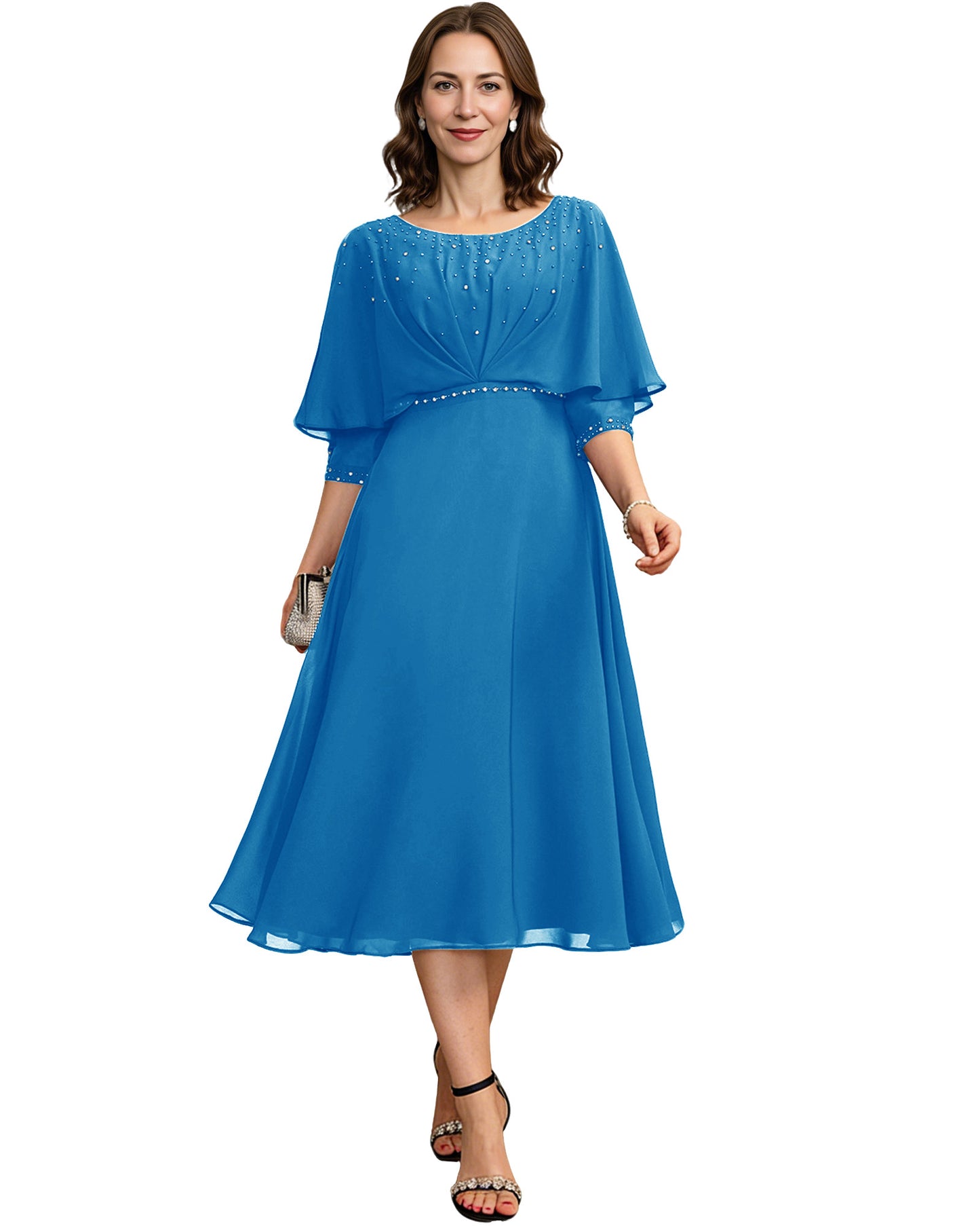 Beaded Cape Mother of the Bride Dress Tea Length Chiffon A-Line Formal Guest Gown