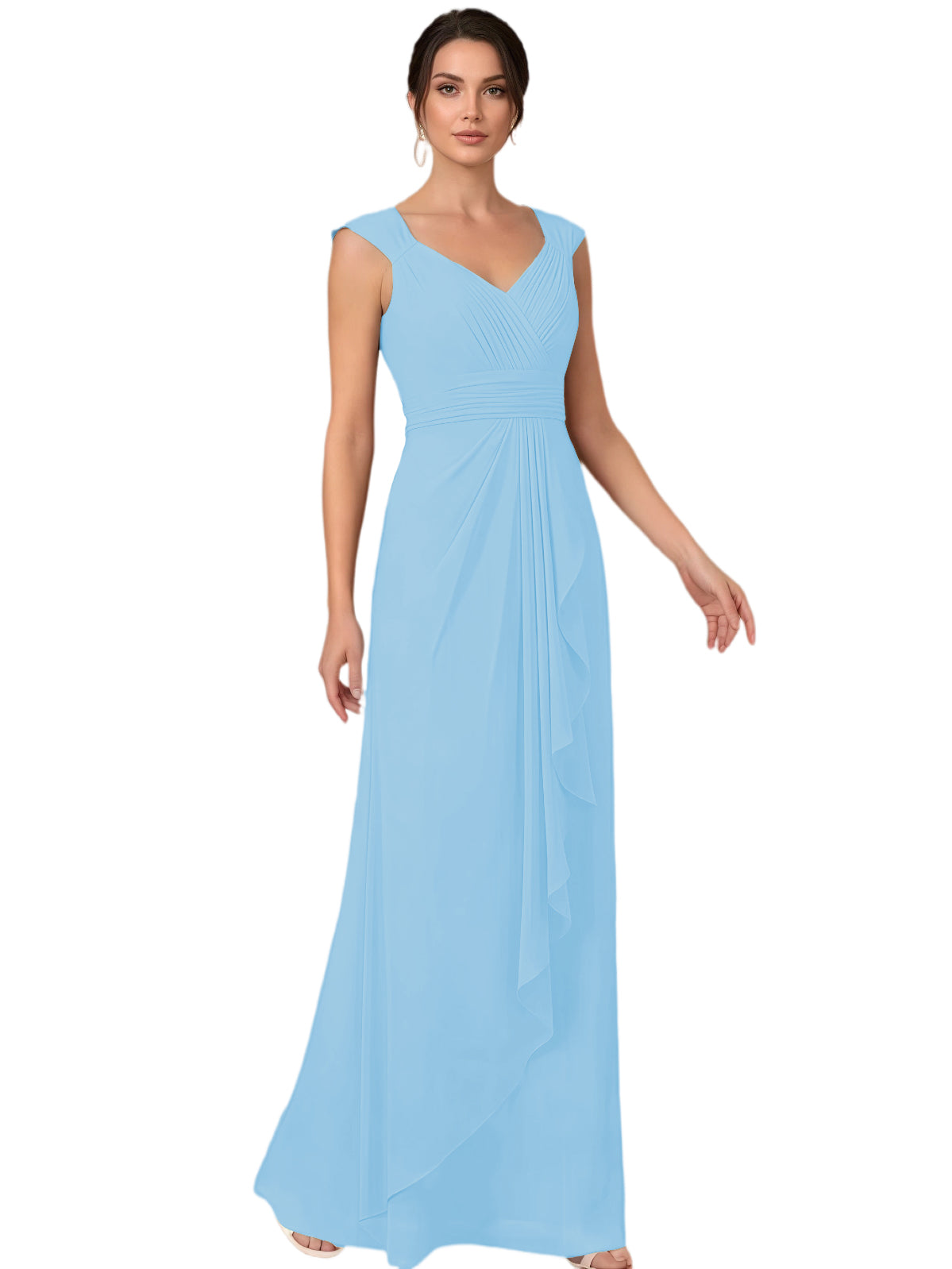 Mother of the Bride Dress Long Sleeveless V-Neck Chiffon Formal Gown with Ruffle Detail