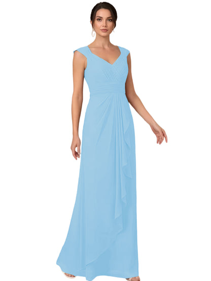 Mother of the Bride Dress Long Sleeveless V-Neck Chiffon Formal Gown with Ruffle Detail