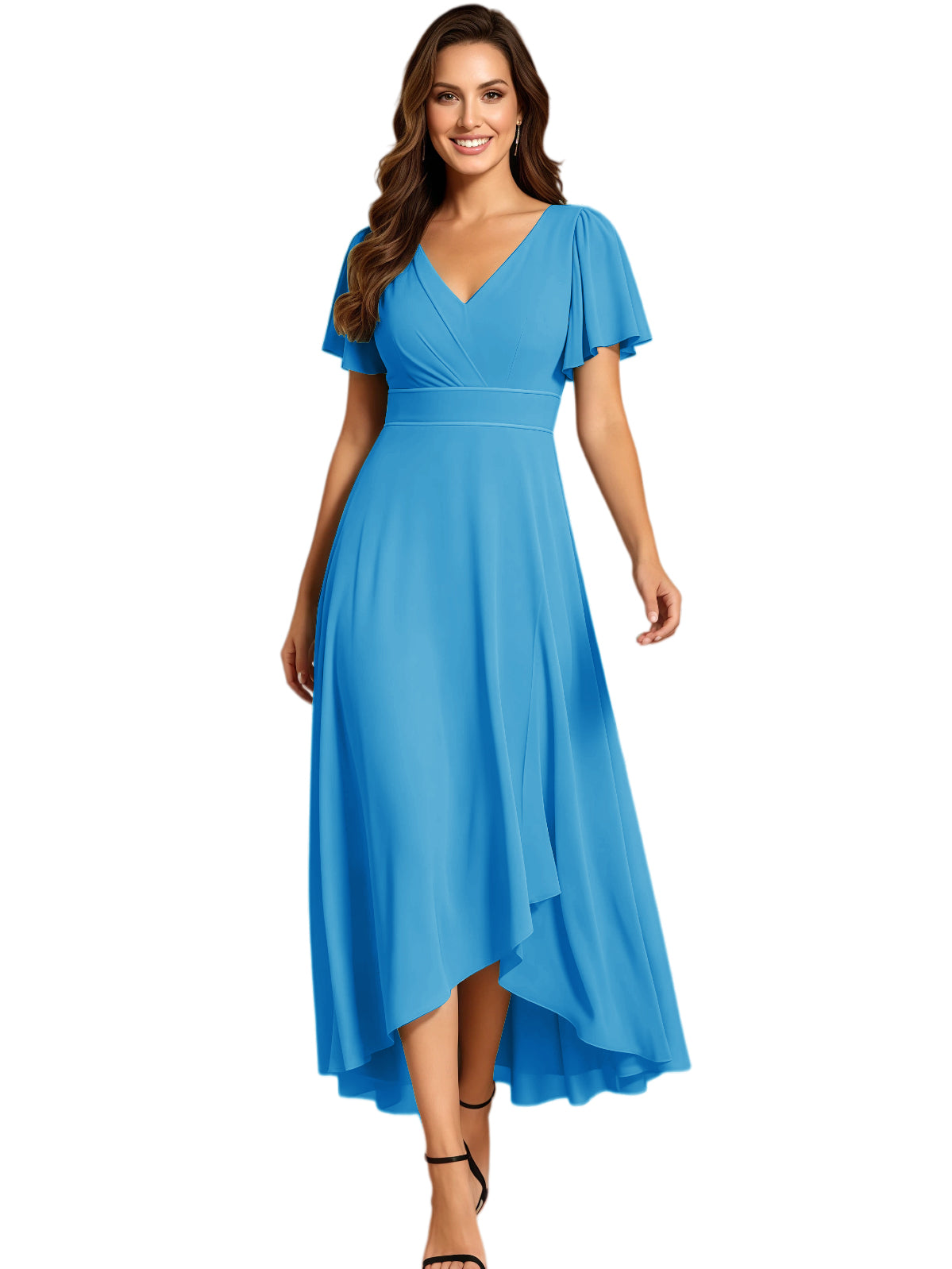 High Low Mother of the Bride Dress V-Neck Flutter Sleeve Chiffon Formal Gown